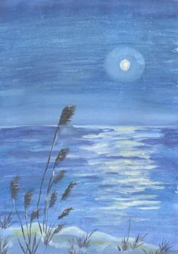 Full moon in the nigth. Water reflection. Hand-drawn on paper real watercolor Illustrazione stock