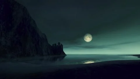 Full moon at the ocean with lost castle by night 3D illustration Ilustração Stock