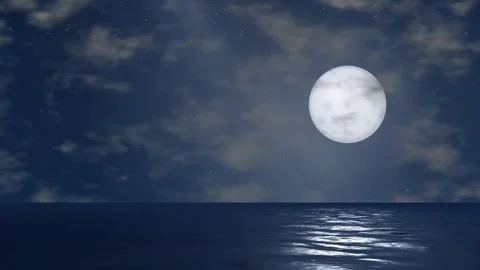 Full Moon Over Calm Ocean Night Sky Loop Animation Stock Footage 345707713