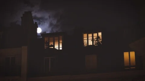 Full moon over Champs Elysees Paris France building home night Stock Footage 105815427