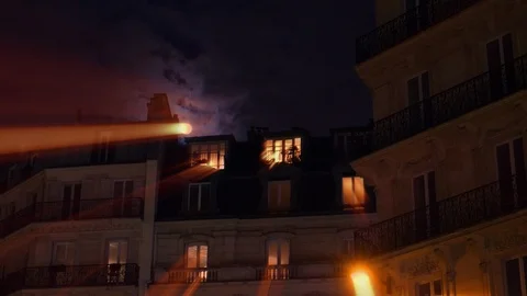Full moon over Champs Elysees Paris France building home night Stock Footage 105816313