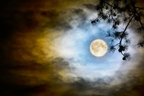 Full moon over dark cloudy sky Stock Photos