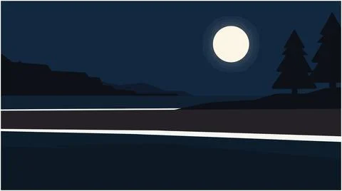 Full moon over dark landscape with evergreen trees landscape silhouette Ilustração Stock