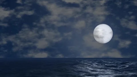 Full Moon Over Dark Ocean Waves Under Cloudy Night Sky Stock Footage 345124758