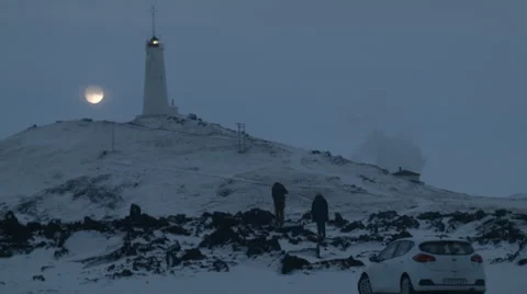 Full Moon Over Lighthouse in Iceland Stock Footage 47203789