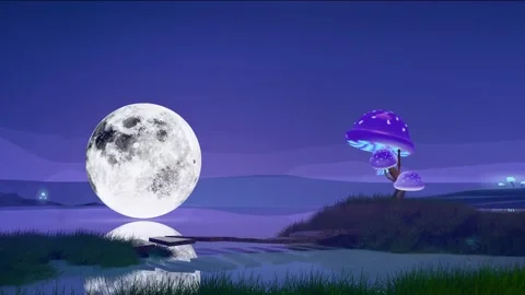 Full Moon Over the Magic Mushroom Lake, Loop Animation Stock Footage 344658944
