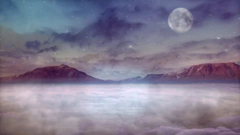 Full Moon Over Mountain Peaks Above Sea of Clouds Stock Footage 342241809