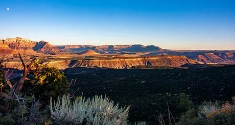 Full moon over mountain range in Zion with desert sage and scrub pine forest Stock Photos