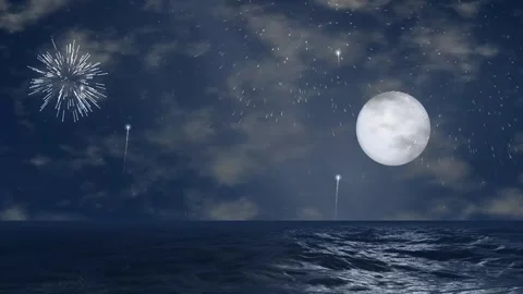 Full Moon Over Ocean with Fireworks in Night Sky Animation Stock Footage 344231281