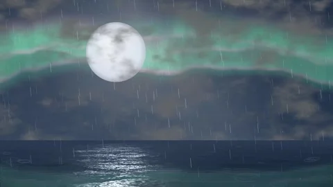 Full Moon Over Ocean with Rain and Aurora Borealis Night Sky Stock Footage 344937591
