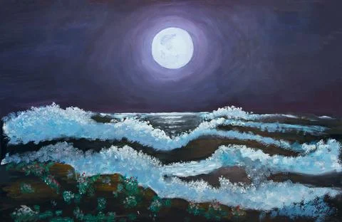 Full moon over ocean waves Stock Illustration
