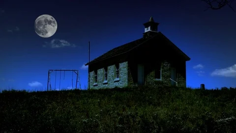 Full Moon Over Old School House Stock Footage 69776971