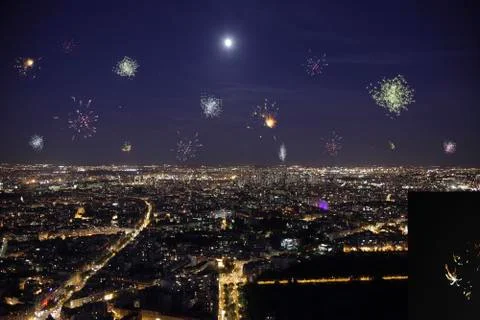 Full moon over paris with firework Stock Photos