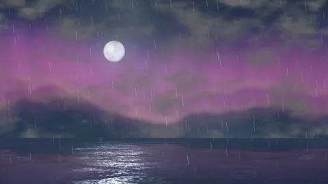 Full Moon Over Rainy Ocean with Purple Night Sky Animation Stock Footage 344931999
