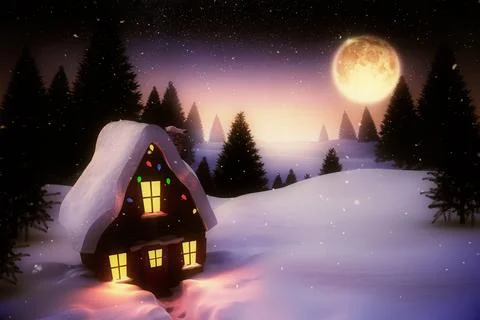 Full moon over snowy landscape and house Ilustração Stock