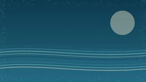 Full moon over stylized ocean waves background with dark blue gradient and .. Stock Illustration