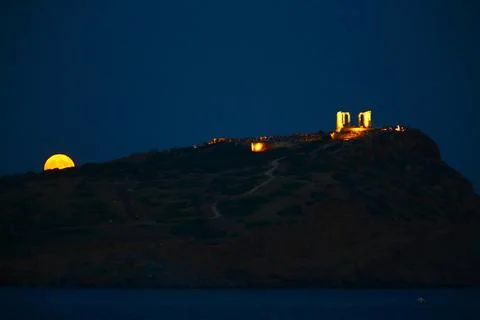 Full moon over the temple of Poseidon, on cape Sounio near Athens, Greece - 26 A Stock Photos