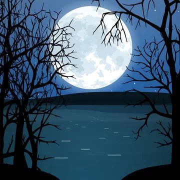 Full moon over water in the forest. Vector illustration Stock Illustration