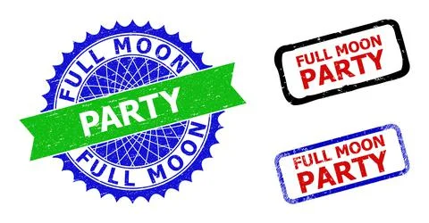 FULL MOON PARTY Rosette and Rectangle Bicolor Watermarks with Distress Textures Stock Illustration