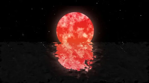 Full Moon Reflected on Water Surface – Full Frame Night Sky with Moonlight Stockbeeldmateriaal 309980184