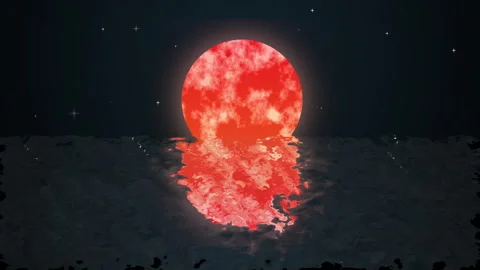 Full Moon Reflected on Water Surface – Full Frame Night Sky with Moonlight Stockbeeldmateriaal 309980201