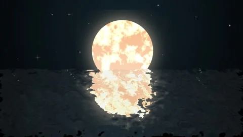 Full Moon Reflected on Water Surface – Full Frame Night Sky with Moonlight Stockbeeldmateriaal 309982286