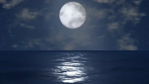 Full Moon Reflecting on Calm Ocean Waves at Night Stock Footage 344850960