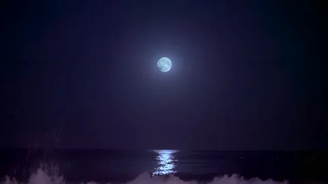 Full Moon Reflecting on Calm Ocean at Night Stock Footage 345096011