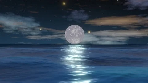 Full moon reflecting on the ocean at night under a starry sky Stock Footage 261582242