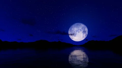 Full moon reflecting on water surface against starry sky and palm trees camer Stock Footage 120244827