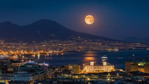 Full moon rises above Mount Vesuvius, Naples and Bay of Naples, Italy Stock Photos