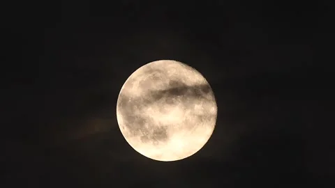 Full moon rises through drifting clouds in dark night sky captured in 4k Stock Footage 305430222