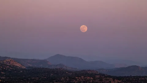 Full Moon Rises Through Pink Haze into Blue Time lapse Stock Footage 279998690