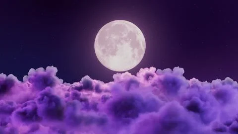 Full moon rising above dense purple clouds under starry night sky, with moon Ilustração Stock