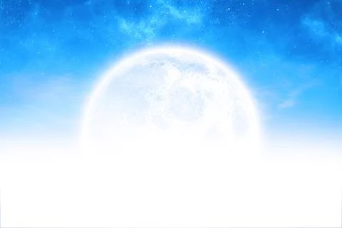 Full moon is rising above white mist horizon in flat design, with starry blue Ilustração Stock