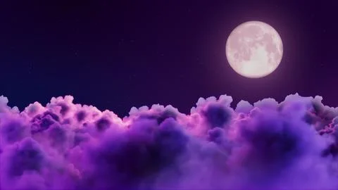 Full moon rising behind layered purple clouds, glowing lunar light over starry Ilustração Stock