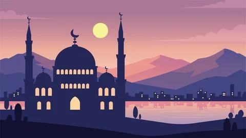 Full Moon Rising Behind Royal Mosque Stock Illustration