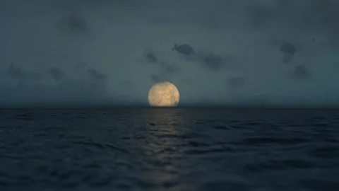 Full Moon Rising Over Calm Ocean at Night with Stars Stock Footage 339080091