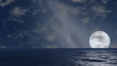 Full Moon Rising Over Calm Ocean Waves Under Starry Night Sky Stock Footage 343699220