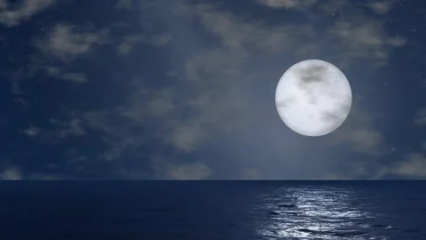 Full Moon Rising Over Calm Ocean with Night Sky Clouds Stock Footage 345206499