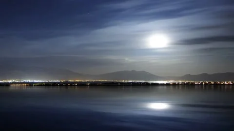 Full Moon Rising Over City Skyline Night Timelapse Stock Footage 345959656