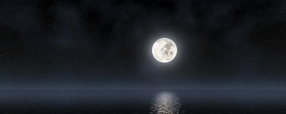 Full moon rising over empty ocean at night. romantic and scenic panorama with Stock Photos