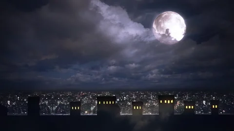 Full Moon Rising Over Night City Skyline with Silhouetted Buildings Vídeo Stock 341331684