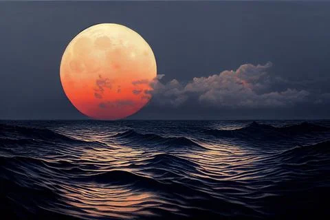 Full moon rising over the ocean. Big red moon. Fantasy illustration. Stock Illustration