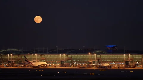 Full Moon Rising, Seoul Airport Terminal... | Stock Video | Pond5