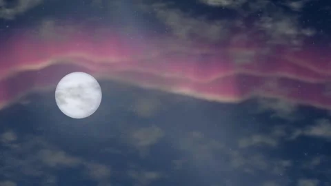 Full Moon Rising Through Pink Aurora Borealis and Night Clouds Stock Footage 345308154