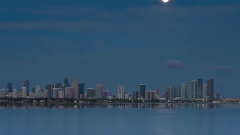 Full moon set over Miami skyline Stock Footage 208774349