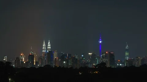 Full Moon Setting Behind Kuala Lumpur City Skyline. Time Lapse Pan Down Video stock 96207123