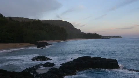 Full moon setting, Lumahai Beach, Kauai, Hawaii Stock Footage 41752281