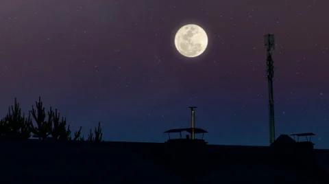 Full moon setting over roofs timelapse, starry sky, aerial in the frame Stock Footage 57458336
